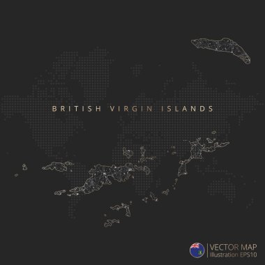 Britanya Virjin Adaları, soyut geometrik ağ çokgen ışık konseptini, siyah ve beyaz renkli çevre çizgileri olan ülkeleri ve koyu arkaplan üzerindeki noktaları haritalar. Vektör illüstrasyonu