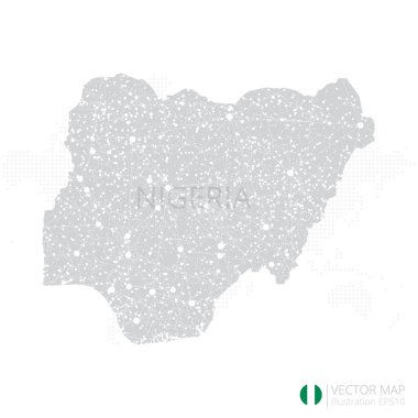 Nijerya gri haritası beyaz zemin üzerinde soyut ağ çizgisi ve nokta pullarıyla izole edilmiş. Vektör illüstrasyonu