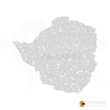 Zimbabwe gri haritası beyaz zemin üzerinde soyut ağ çizgisi ve nokta pullarıyla izole edilmiş. Vektör illüstrasyonu