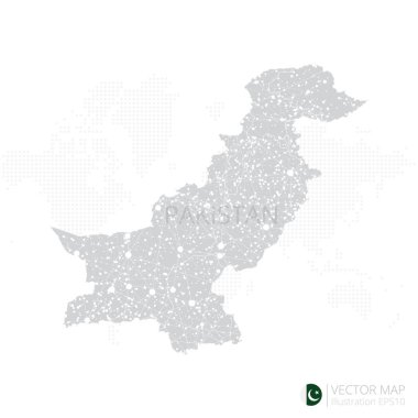 Pakistan gri haritası soyut ağ çizgisi ve nokta ölçekleriyle beyaz arka planda izole edildi. Vektör illüstrasyonu 10