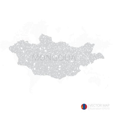 Moğolistan gri haritası beyaz zemin üzerinde soyut ağ çizgisi ve nokta ölçekleriyle izole edilmiş. Vektör illüstrasyonu 10