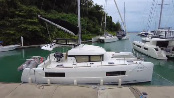 Luxus Privatsegelyachten Yachthafen Weiße Segel Katamarane Tropischen Yachtclub — Stockvideo