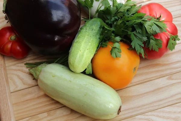 Tomato Eggplant Cucumber Zucchini Background Wooden Boards Organic Vegetables Stock Picture