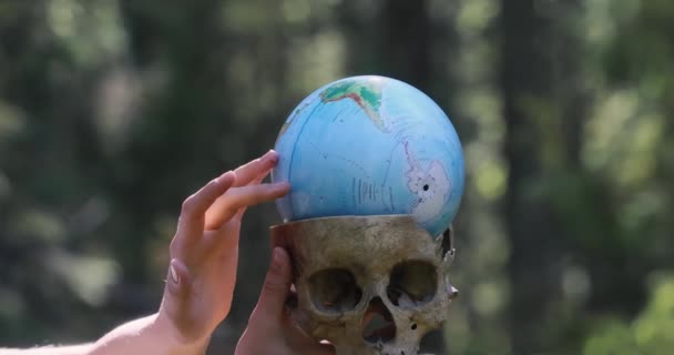 Sztuczna Ludzka Czaszka Dekoracyjna Czaszka Sztuczna Ludzka Czaszka Mały Globus — Wideo stockowe