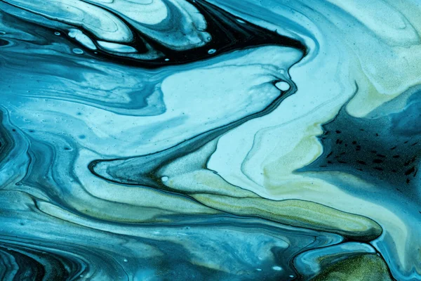 抽象流体芸術の背景黒と青の色 液体大理石 ターコイズグラデーションとスプラッシュでキャンバス上のアクリル絵具 波模様のアルコールインクの背景 — ストック写真
