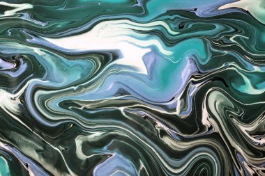 Abstract fluid art background black and blue colors. Liquid marble. Acrylic painting on canvas with gray lines and gradient. Alcohol ink backdrop with wavy pattern.