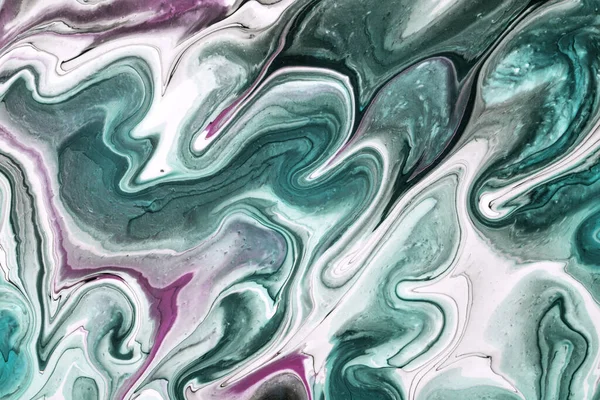 抽象流体芸術背景緑と白の色 液体大理石 紫色の線とグラデーションのキャンバス上のアクリル絵具 波模様のエメラルドの背景 — ストック写真