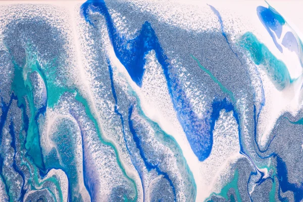 抽象流体芸術の背景青 白の色 液体大理石 ターコイズグラデーションのキャンバスにアクリル絵具 灰色の波パターンの背景 — ストック写真