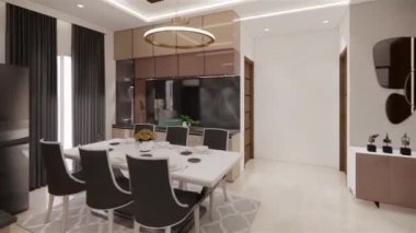 Modern bir oturma odası iç tasarımının 3 boyutlu tasarımı. Lüks bir dairenin, yemek odasının ve mutfağın hareketli grafikleri. Lüks bir dairenin 3D tasarımı.