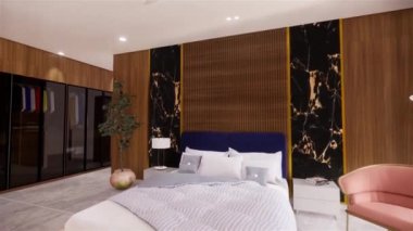 Modern Yatak Odası İç Tasarımı. 3 boyutlu görüntüleme. Modern lüks yatak odasının hareketli grafikleri.