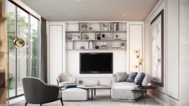 Lüks iç tasarım hareket grafikleri. Modern iç tasarım animasyonu. 3D Canlandırma Mimari Görselleştirme Lüks bir apartmanın içinden geçişi.