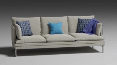 Beyaz arka planda dönen beyaz kumaş. Beyaz kumaş kanepenin 3 boyutlu animasyonu. Kumaş kanepe hareketi grafikleri. Mobilya ve ev aletleri için reklam ürünleri kavramı.