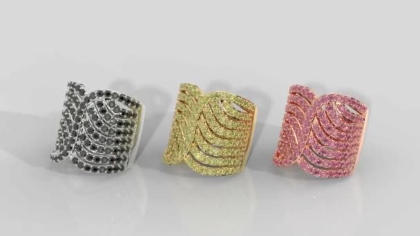 漂亮的戒指 有三种颜色的石头 不同色环在白色背景上的三维可视化 金戒指旋转 一个五颜六色的金戒指的运动图形绘制 珠宝和珠宝广告概念 — 图库视频影像