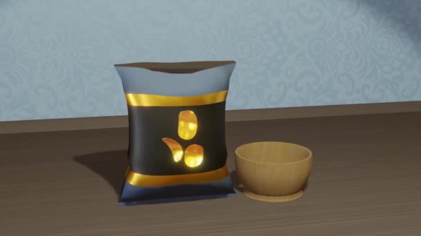 Chips Pouring Small Bowl Render Animation Chips Packet Chips Packet — Stock Video