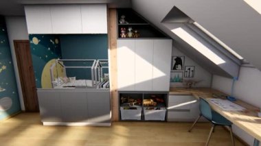 Çocuk odasının resim masası ve diğer aksesuarlarla üç boyutlu görüntüsü. Çocuk animasyonu için küçük bir oda. Modern küçük oda iç tasarımı. Küçük oda için mimari tasarım örneği.