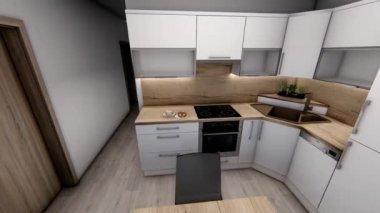 Modern lüks mutfak odası 3 boyutlu görselleştirme. Lüks bir mutfak odasının 3 boyutlu mimari canlandırması. Mutfak odasının iç tasarımı. Mutfak odası mimari 3D tasarım örneği.