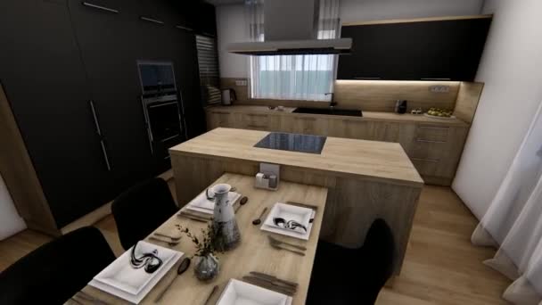 现代化的豪华厨房 餐桌和椅子三维可视化 3D渲染动画建筑可视化的豪华厨房 厨房房间室内设计 饭桌结构厨房3D设计图样 — 图库视频影像