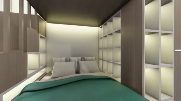 本棚とランダム棚と現代の寝室の3D可視化 豪華なインテリアデザインのモーショングラフィックス モダンなインテリアデザインアニメーション 豪華なベッドルームの3Dレンダリングアニメーション建築の可視化ウォークスルー — ストック動画