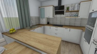 Modern lüks mutfak odası üst görünümü 3D görselleştirme. Lüks bir mutfak odasının 3 boyutlu mimari canlandırması. Mutfak odasının iç tasarımı. Mutfak odası mimari 3D tasarım örneği.