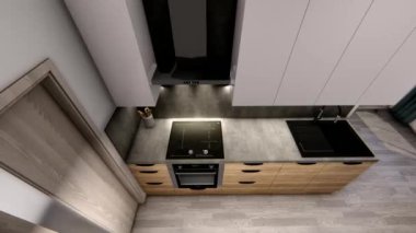 Modern lüks mutfak odası üst görünümü 3D görselleştirme. Lüks bir mutfak odasının 3 boyutlu mimari canlandırması. Mutfak odasının iç tasarımı. Mutfak odası mimari 3D tasarım örneği.