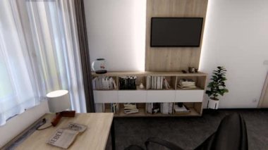 Kitap rafı ve televizyon kanalı 3D görüntüsü olan küçük bir oda. Çocuk odasının bilgisayar masası ve diğer aksesuarlarla 3 boyutlu görüntüsü. Modern küçük oda iç tasarımı. Küçük oda için mimari tasarım örneği.