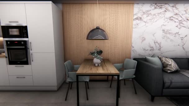 现代化的豪华厨房房间和餐厅3D可视化与沙发 桌子和电视 3D渲染动画建筑可视化的豪华厨房 厨房房间室内设计 厨房建筑3D设计图样 — 图库视频影像