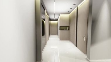 Modern bir apartman girişinin 3 boyutlu görüntüsü. Modern lüks daire girişinin hareketli grafikleri.