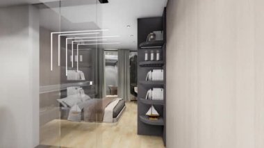 Modern daire yatak odası tasarımı 3d görselleştirme 3D modern oturma odası iç tasarımı. Lüks bir yatak odasının hareketli grafikleri..