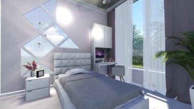Modern daire yatak odası tasarımı 3D görselleştirme 3D modern oturma odası iç tasarımı