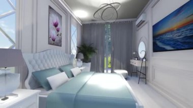 Modern daire yatak odası tasarımı 3d görselleştirme 3D modern oturma odası iç tasarımı. Lüks bir yatak odasının hareketli grafikleri..