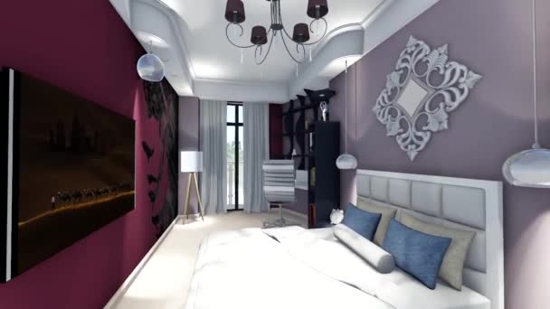 Modern Tasarımı Olan Lüks Bir Yatak Odasının Boyutlu Görüntüsü Modern — Stok video