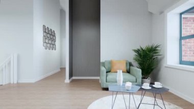 Modern apartman odası, kitaplık ve kumaş sergileri 3 boyutlu görselleştirme. Modern lüks iç tasarım için mimari tasarım örneği. Soyunma odasının raflı 3D canlandırması..
