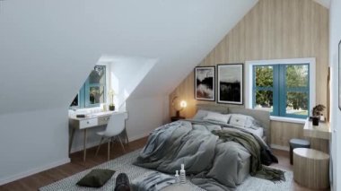 Modern apartman yatak odası ve banyonun 3 boyutlu görüntüsü. Banyo ve yatak odası için lüks iç tasarım örneği. Mimari tasarım animasyonu..