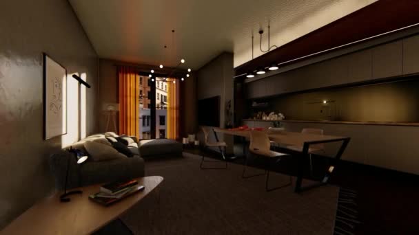 Luxuriöses Wohnzimmer Esszimmer Und Küche Raumgestaltung Visualisierung Architekturmuster Für Moderne — Stockvideo