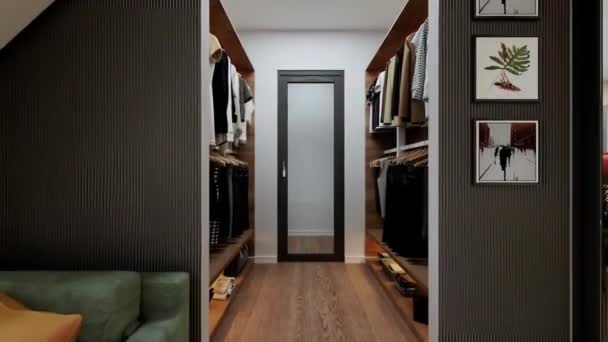 Modern Lägenhet Suite Rum Garderober Med Kläder Bokhyllor Med Belysning — Stockvideo