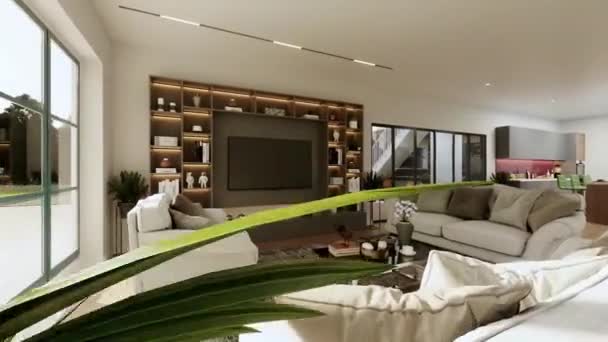 Återgivning Lägenhet Gästrum Med Soffa Hyllor Och Belysningsutrustning Modern Lägenhet — Stockvideo