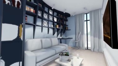 Kanepe, televizyon kanalı ve bilgisayar masası olan basit bir çizim odası tasarımı. Modern çizim odası iç tasarımının 3 boyutlu görüntüsü. Basit çizim odası iç tasarımı için mimari örnek.
