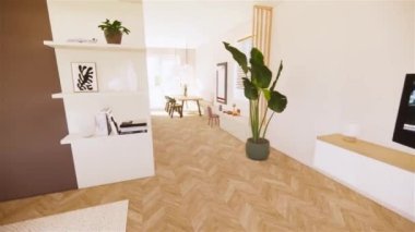 Apartman dairesi, yemek odası ve mutfak odası. İç mekan görselleştirmesi. Modern apartman iç tasarımının 3 boyutlu canlandırması. Lüks iç tasarım için mimari örnek.