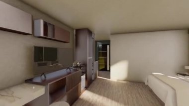 Modern yatak odasının üç boyutlu görüntüsü. İki büyük yatak odası, TV istasyonu ve lüks banyosu var. Yatak odası lüks iç tasarım hareketleri grafikleri.