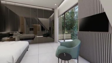 Büyük yatak odasında 3 boyutlu banyo görüntüsü var. Lüks iç tasarım grafikleri olan modern bir yatak odası..
