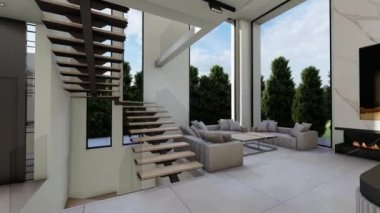 Koltukları ve yastıkları olan modern bir misafir odası. 3D görselleştirme. Modern apartman odasının ve mutfak odasının birçok ev eşyası olan lüks iç tasarımı..