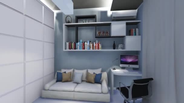 Design Sala Estar Simples Com Sofá Estação Mesa Computador Visualização — Vídeo de Stock