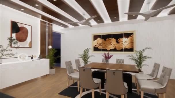 Modern Lägenhet Matsal Och Rum Lyxig Inredning Visualisering Arkitektoniskt Designprov — Stockvideo