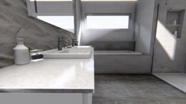 Lüks banyo iç tasarımı 3D görselleştirme. Modern banyo iç tasarım hareketleri grafikleri. Mimari tasarım örneği.