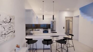 Modern yatak odasının kitaplığı ve rafı 3 boyutlu görüntüsü. Lüks iç tasarım hareket grafikleri. Modern iç tasarım animasyonu. Lüks bir yatak odasının 3 boyutlu canlandırma mimari görselleştirmesi.