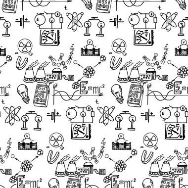 Nükleer fizik. Bilimsel bilgi, formüller. Klasik eğitim ve kusursuz bilimsel düzen. Beyaz tahtaya elle çizilmiş vektör çizimi.