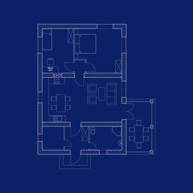 Modern bir evin planının taslağı. Mobilyalarla iç içe. Vektör çizimi. Mimari arka plan.