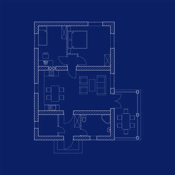 Blueprint Floor Plan Modern House Interior Furniture Vector Illustration Architectural — Stock Vector
