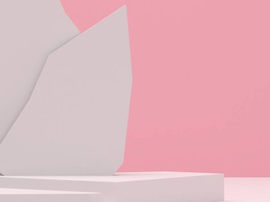 Beyaz taş podyum ürünleri en az 3D modelleme sergiliyor. Sahne önü pembe oda ve pembe arka plan podyum şekilli doğa. stand show kozmetik ürünü. Temel podyumda sahne gösterisi.