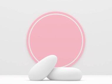 Beyaz taş podyum ürünleri en az 3D modelleme sergiliyor. Öndeki beyaz oda pembe daire arka plan podyum şekli doğa. stand show kozmetik ürünü. Temel podyumda sahne gösterisi.